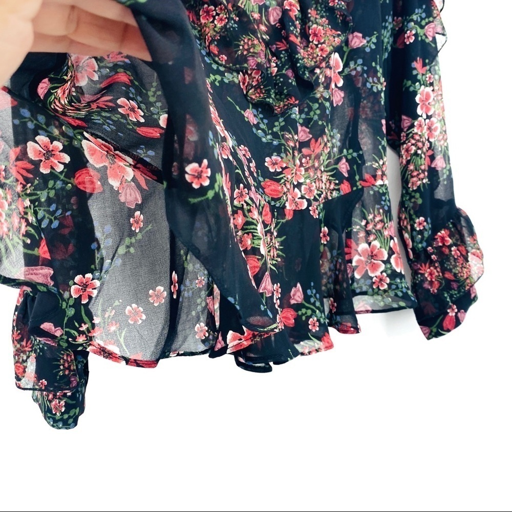 Zara Women Sheer Floral Long Sleeve Ruffled Layered Pink Black Cuffed Blouse SzM - Picture 12 of 15
